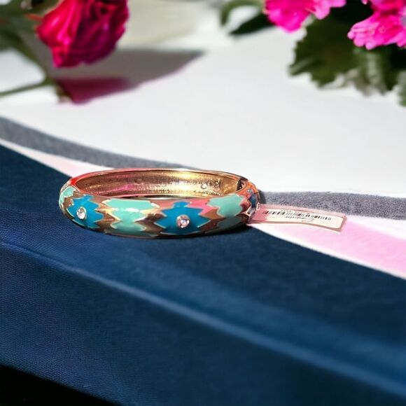Sequin Southwest Blue Teal Gold Rhinestone Stackable Hinged Clamper Bangle NWT - Picture 1 of 5